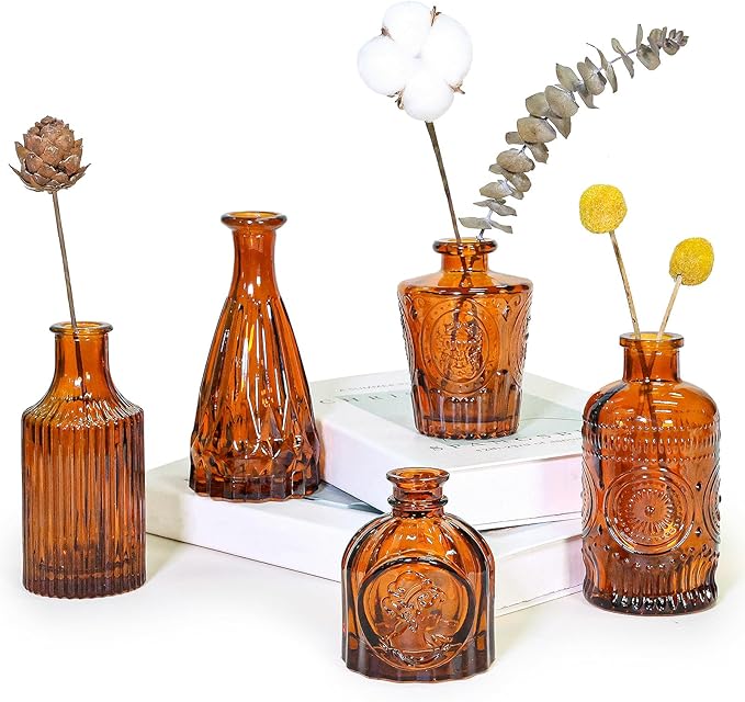 Glass Bud Vase Set of 5, Amber Small Flower Vases for Centerpieces in Bulk, Mini Vintage Vase for Rustic Wedding, Home,Table Decoration