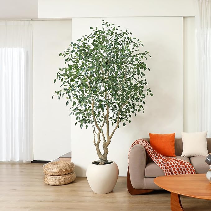Ficus Tree Artificial Indoor, 8 Feet Tall Faux Ficus Tree with Round Artisan Planter, Premium Handmade, Realistic Trunk & Lifelike Leaves, Perfect for Large Spaces & Elegant Home/Office Decor