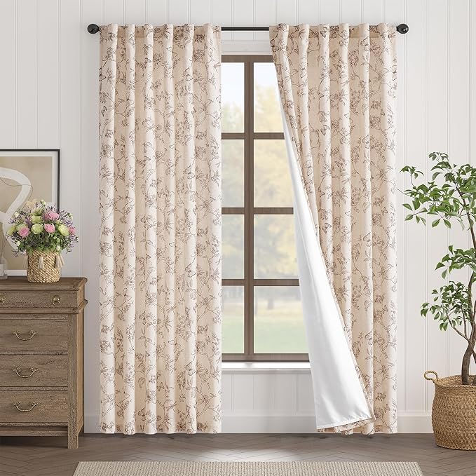 Lazzzy Taupe Floral Curtains 84 Inch Length Linen Farmhouse Back Tab Drapes for Living Room Bedroom Light Filtering Vintage Rod Pocket Fall Decorations, 2 Panels, Taupe on Beige
