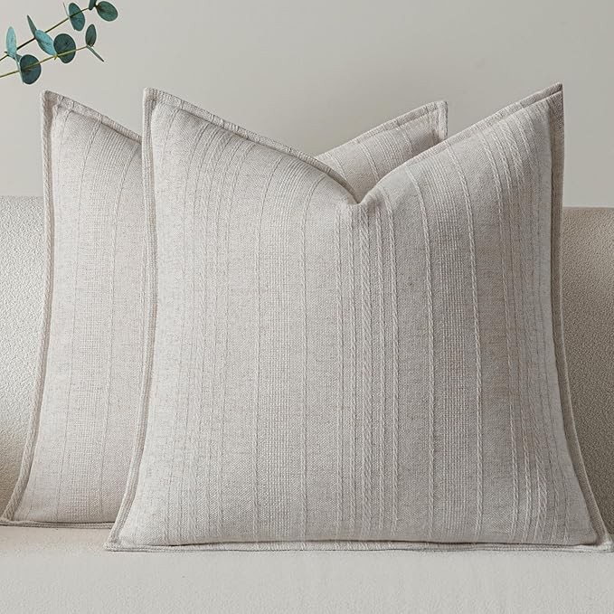 a moment Linen Pillow Covers Set of 2,Boho Farmhouse Throw Pillowcases Neutral Textured Decorative Covers for Couch Sofa Bed, Soft Linen Blend Accent Case Cushion Living Room Home Decor 18"x18"Ivory