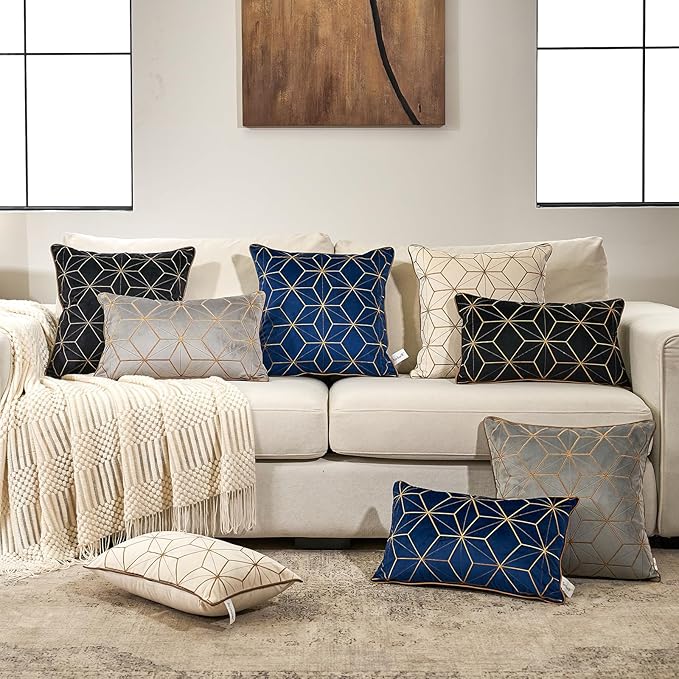 Aeckself White Gold Plaid Geometric Throw Pillow Cover 18x18 Inch, Soft Velvet Embroidery Modern Square Decorative Pillow Cover with Stitched Edge for Couch Living Room Bedroom