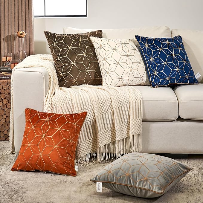 Aeckself 16 x 16 Inch Orange Gold Plaid Geometric Stripes Embroidery Velvet Cushion Case Luxury Modern Square Throw Pillow Cover Pillowcase for Couch Living Room Bedroom Car 40 x 40cm