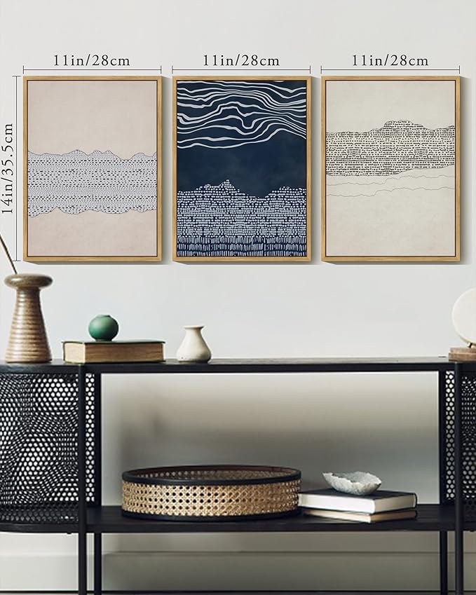 KUVIOKE Navy Blue Abstract Framed Wall Art Modern Neutral Minimalist Wooden Pastel Boho Wall Decor Farmhouse Rustic Art Painting Home Decor 11x14in (Natural Framed)