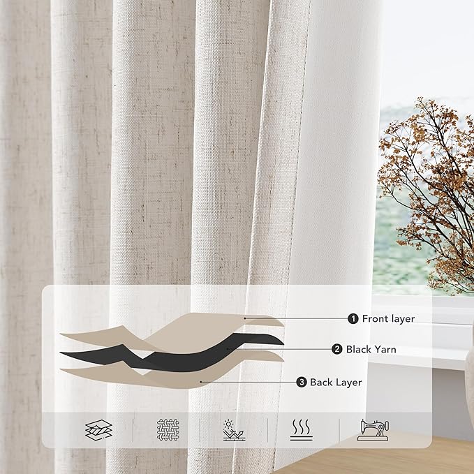 100% Blackout Curtains 108 inches Long Grommet Living Room Darkening Window Curtain Panel Earth Tone Farmhouse Style Thermal Insulated Linen Black Out Drapes 108 Inches Long for Bedroom Beige 9 Ft