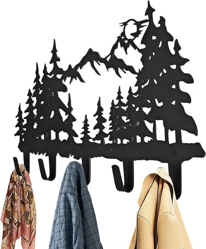 Metal Tree Coat Hooks Wall Art Decor-Tree Hangers and Key Holder-Clothes Rack and Backpack Hanger-Forest Theme Hooks Sweet Home Decor for Storage, Living Room, Hallway, Office (Black)