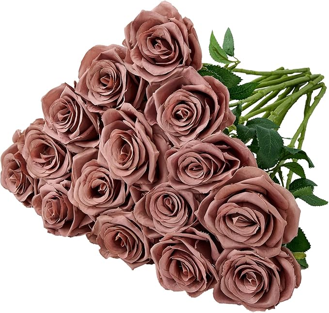 15pcs Dusty Rose Artificial Flowers Roses Fake Silk Flowers Faux Long Stem Artificial Roses for Wedding Party Bridal Show Decorations (VASE is NOT INVLUDED)