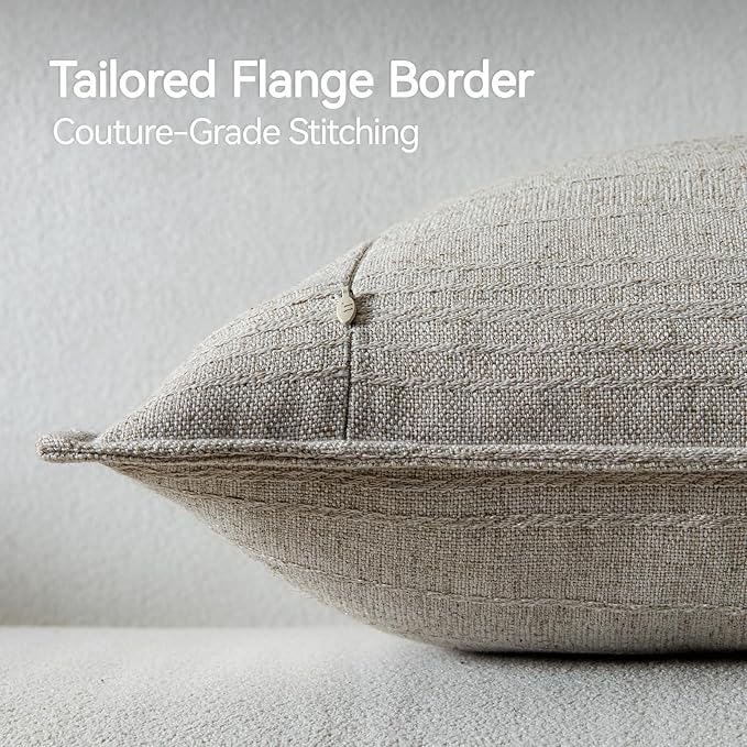 a moment Linen Pillow Covers Set of 2,Boho Farmhouse Throw Pillowcases Neutral Textured Decorative Covers for Couch Sofa Bed, Soft Linen Blend Accent Case Cushion Home Decor 20"x12"Beige Grey