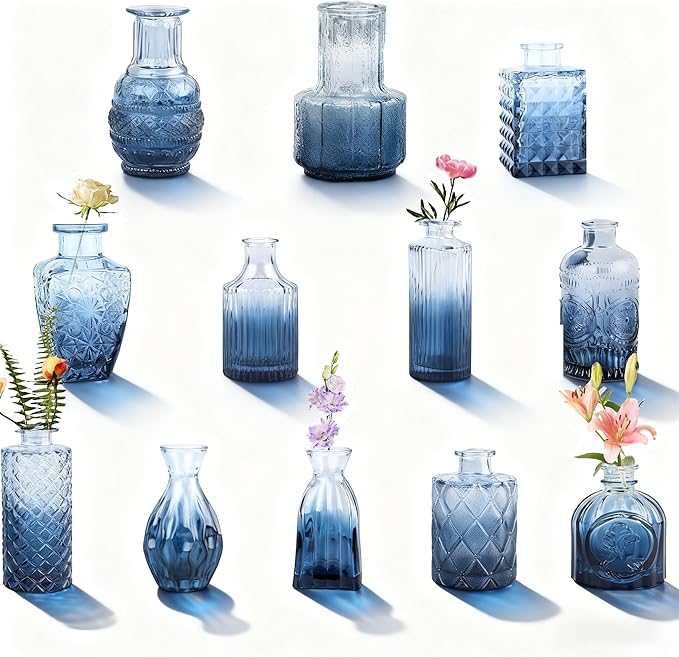 Glass Bud Vase Set of 12 Pcs, Small Glass Vases for Flowers, Vintage Vases for Centerpieces, Small Flower Design for Centerpieces Wedding Decorations Home Flower Party Decor (Blue, 12 Pcs)