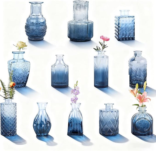 Glass Bud Vase Set of 12 Pcs, Small Glass Vases for Flowers, Vintage Vases for Centerpieces, Small Flower Design for Centerpieces Wedding Decorations Home Flower Party Decor (Blue, 12 Pcs)