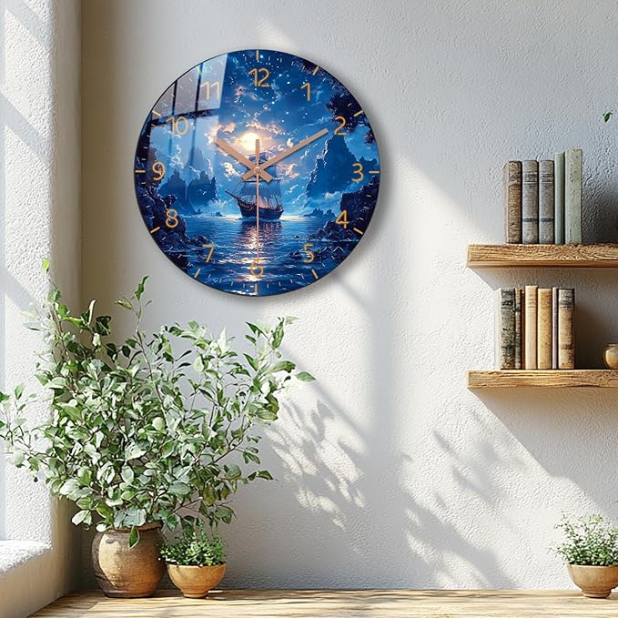 Oversized Coast Wall-Clock 24 inch Blue Beach Silent Clocks Battery Operated Wooden Round Wall Clock for Office, Living Room Wall Decor