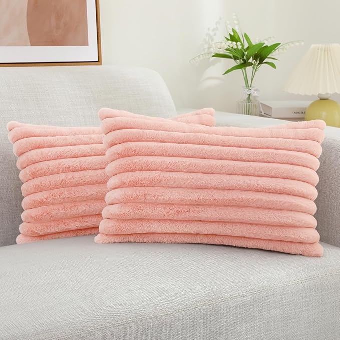decorUhome Faux Fur Throw Pillow Covers 12x20 Set of 2, Decorative Soft Plush Striped Lumbar Neutral Couch Euro Pillow Covers with Velvet Back for Sofa, Bed, Living Room Home Decor, Blush Pink