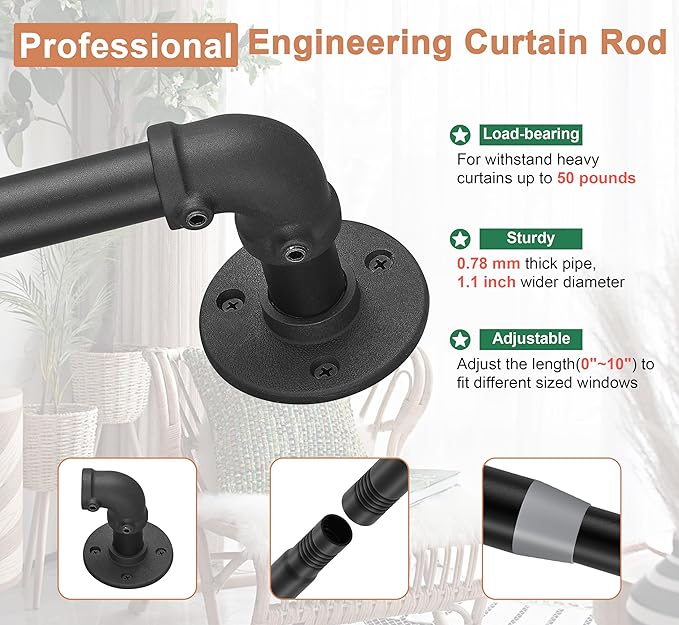 OEMQOBE Curtain Rods for Windows 16 to 84 Inches, Heavy Duty Industrial Curtain Rods 2 pack, Adjustable Wrap Around Blackout Curtains Rod, Black 1 Inch Indoor/Outdoor Drapery Rod