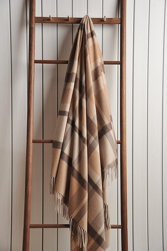 EP Mode 100% Pure Cashmere Throw Blanket for Sofa, Classic Design with Gift Box (Camel Tartan)