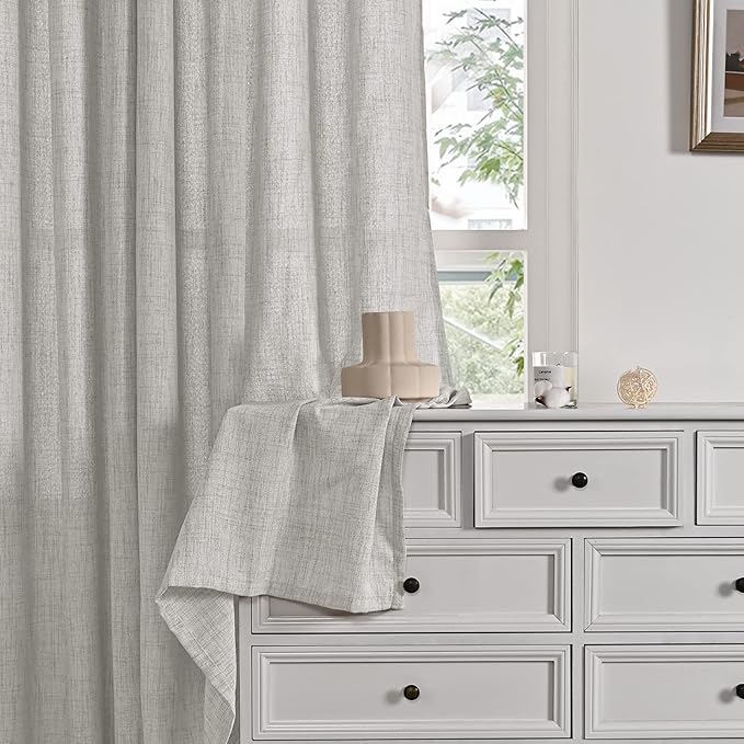YoungsTex Linen Semi Sheer Curtains 90 Inch Length 2 Panels, Light Grey Light Filtering Window Drapes Privacy with Back Tab for Living Room Bedroom, 40 X 90 Inch