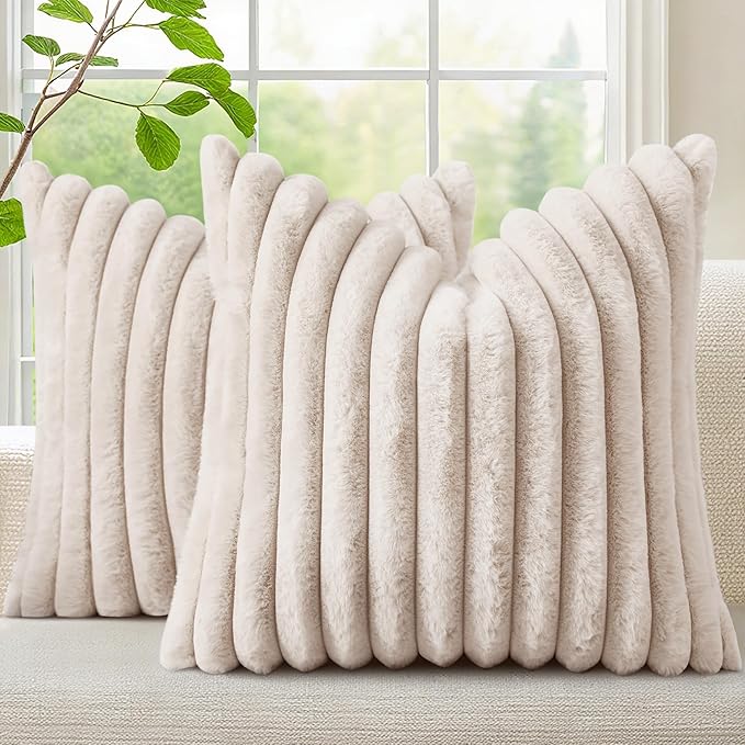 decorUhome Faux Fur Throw Pillow Covers 20x20 Set of 2, Decorative Soft Plush Striped Neutral Couch Euro Pillow Covers with Velvet Back for Sofa, Bed, Living Room Home Decor, Beige