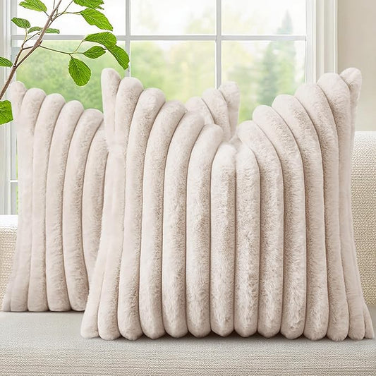 decorUhome Faux Fur Throw Pillow Covers 20x20 Set of 2, Decorative Soft Plush Striped Neutral Couch Euro Pillow Covers with Velvet Back for Sofa, Bed, Living Room Home Decor, Beige
