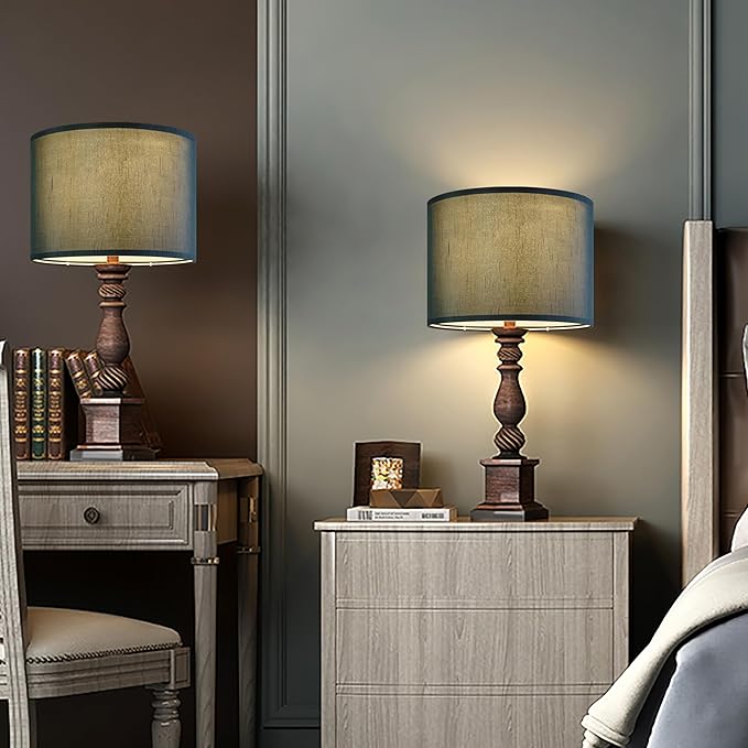 GOSO Set of 2 Medium Green Lamp Shades for Table Lamp Shade Replacement,13" Top ×13" Bottom ×10" Height，Easy Assembly-Spider Lampshades Natural Fabric Decorative-Small Floor Lampshade for Living Room