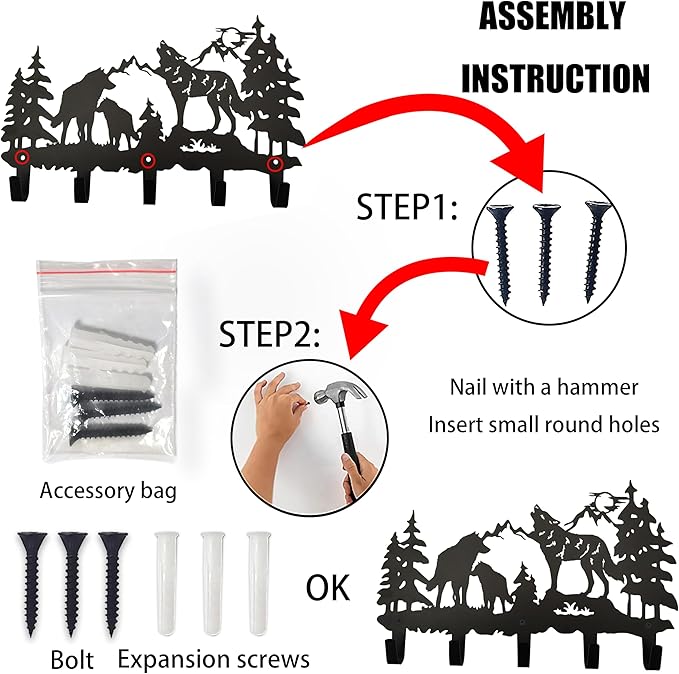 Metal Wolf Coat Hooks Wall Art Decor-Wolf Hangers and Key Holder-Clothes Rack and Backpack Hanger-Animal Theme Hooks Sweet Home Decor for Storage, Living Room, Hallway, Office (Black)