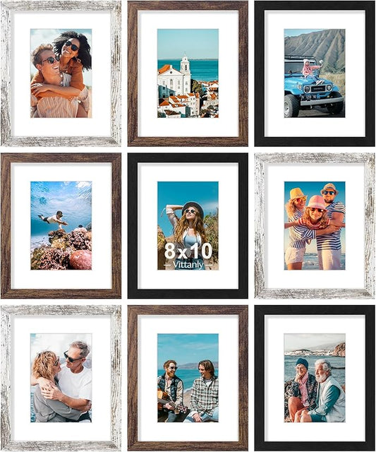 Vittanly 8x10 Picture Frames Set of 9, Display 5x7 Pictures with Mat or 8x10 without Mat, Photo Frames for Wall or Tabletop with Plexiglass, Engineered Wood, Black&Brown&Distressed White