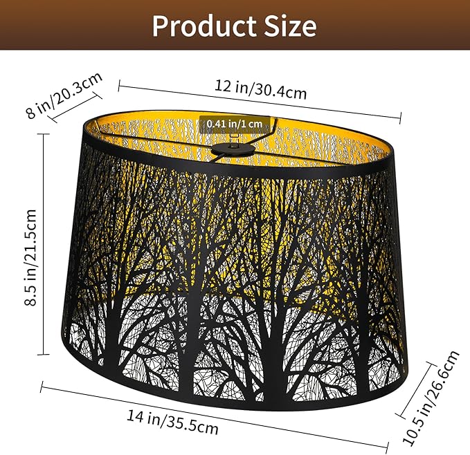 Metal Lampshade, Large Lamp Shade for Table Floor Lamps, (12×8)'' Top×(14×10.5)'' Bottom×8.5" Height Oval Shade, Etched Forest Gothic Style Replacement Lamp Shade(Spider), Black Gold