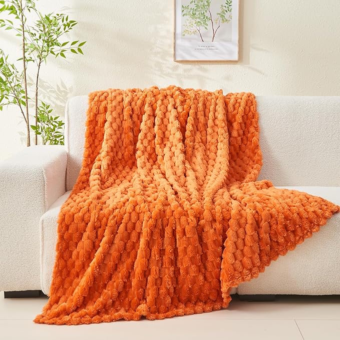 NEWCOSPLAY Super Soft Fall Throw Blanket Orange Premium Silky Flannel Fleece 3D Clouds Stylish Jacquard Lightweight Bed Blanket All Season Use 350GSM (Orange, Throw(50"x60"))