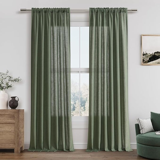 Guken Olive Green Linen Curtains 90 Inch Length for Living Room Bedroom 2 Panels Set Rod Pocket Light Filtering Semi Sheer Window Curtains 52 Inch Width Boho Farmhouse Linen Drapes, W52xL90