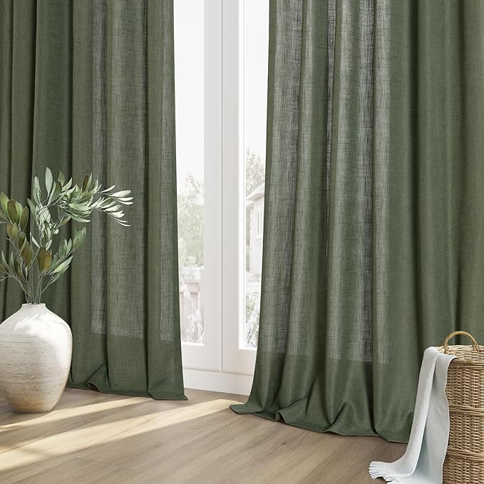 Guken Olive Green Linen Curtains 90 Inch Length for Living Room Bedroom 2 Panels Set Rod Pocket Light Filtering Semi Sheer Window Curtains 52 Inch Width Boho Farmhouse Linen Drapes, W52xL90