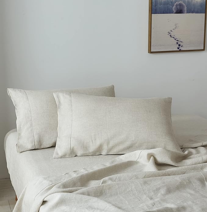 Simple&Opulence 100% Linen Pillowcase with Hand Drawing Hemstitch Pillow Cover King Size Set of 2 Soft and Durable (Linen, 20''x40'')