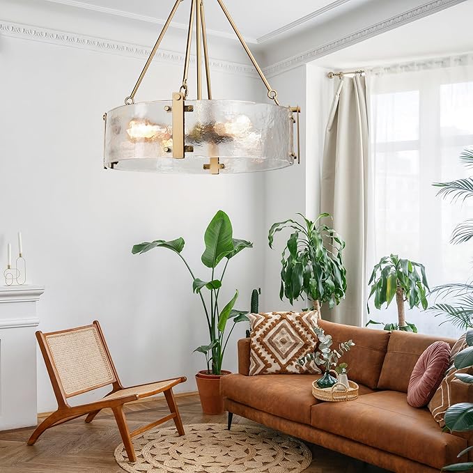 IKK Modern Textured Glass Chandelier, Gold Dining Room Chandelier, Elegant Drum Farmhouse Crystal Light Fixture, Round Lighting for Living Room, Foyer Kitchen Island Bedroom Bathroom D=21