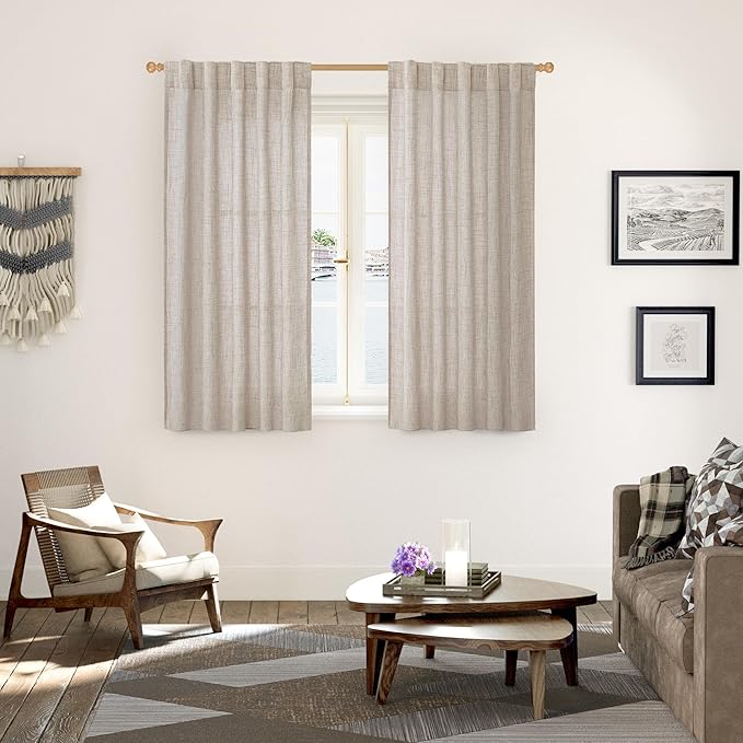 YoungsTex Linen Curtains 48 Inch Length for Kitchen Window, Short Natural Semi Sheer Drapes with Rod Pocket Back Tab for Living Room Bedroom Cafe Bathroom Light Filtering, 2 Panels, 42 X 48 Inch