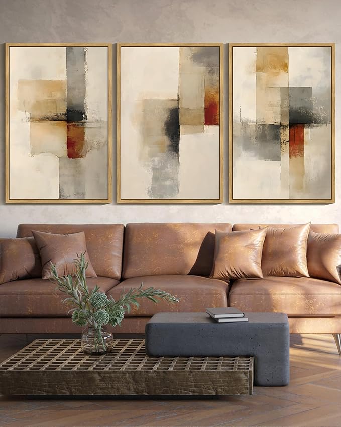 KUVIOKE Framed Abstract Wall Art Minimalist Beige Gray Red Pastel Watercolor Wall Decor Modern Neutral Art Print Home Decor 24x36in (Natural Framed)