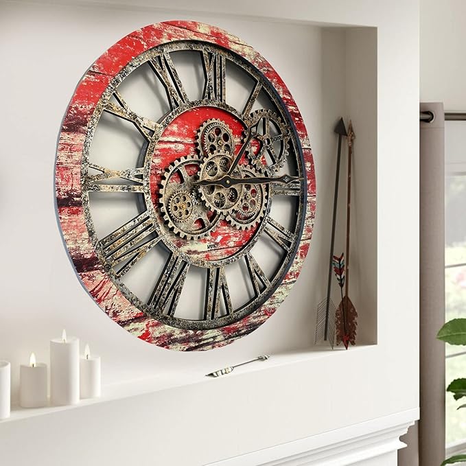 ImprovingLife The Gears Clock The Original Real Moving Gear Wall Clock Vintage Industrial Oversized Rustic Farmhouse (24 inch (60cm),Red Lava)