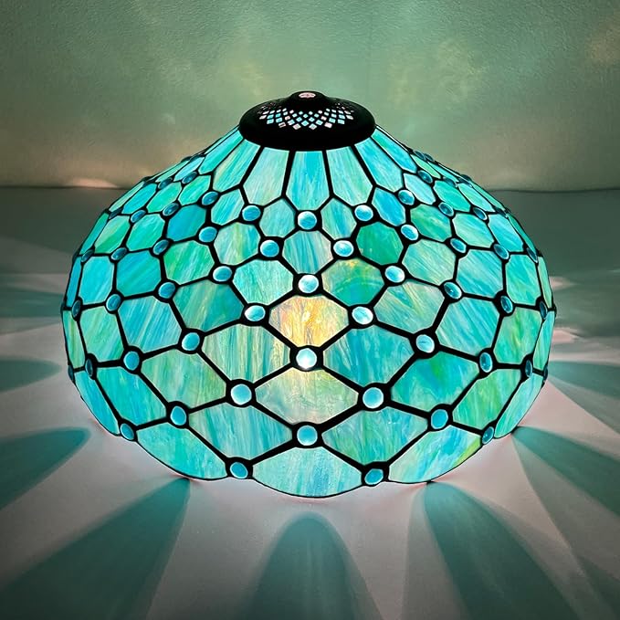 Capulina Tiffany Lamp Shade 16 Inches Wide Accessories Replacement Seagrass Blue Beads Style Stained Glass Lampshade for Table Lamp Floor Lamp