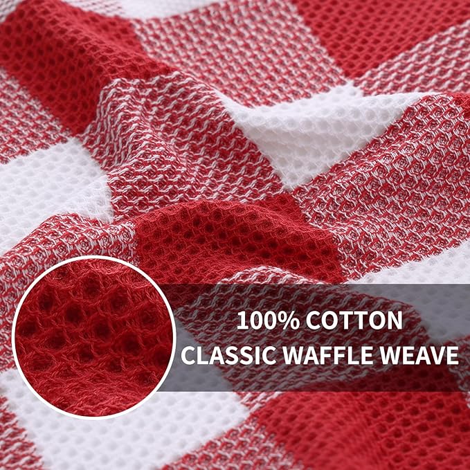 Homaxy 100% Cotton Waffle Weave Check Plaid Kitchen Towels, 13 x 28 Inches, Super Soft and Absorbent Dish Towels for Drying Dishes, 4-Pack, White & Red
