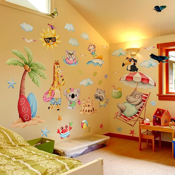 Cute Jungle Theme Wall Stickers Removable Animal Forest Wall Decals Elephant Monkey Lion Giraffe Zebra Peel and Stick Tropical Wall Art Decor for Nursery Bedroom Classroom (Colourful 2)