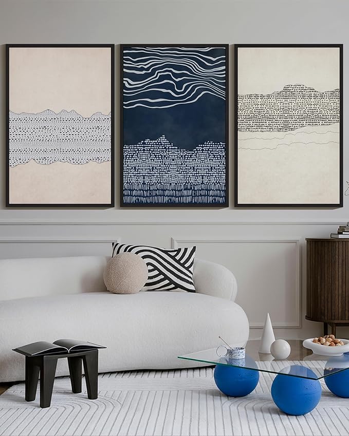 KUVIOKE Navy Blue Abstract Framed Wall Art Modern Neutral Minimalist Wooden Pastel Boho Wall Decor Farmhouse Rustic Art Painting Home Decor 24x36in (Black Framed)