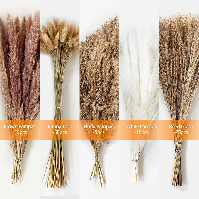 110PCS Dried Pampas Grass Decor, 5 Styles Natural Dried Fluffy Pampas Grass Boho Home Decor Bouquet for Home Decor, Wedding, Party