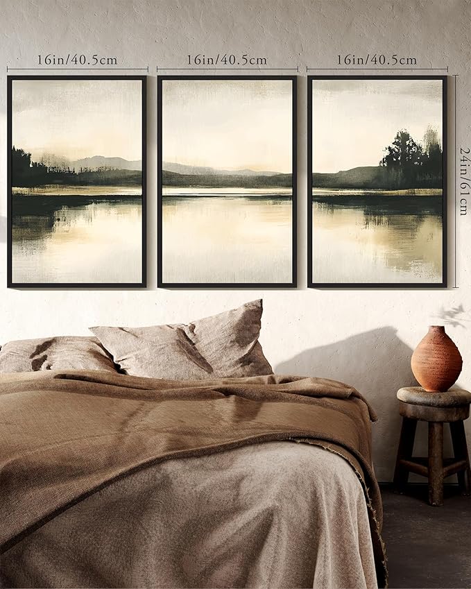KUVIOKE Watercolor Abstract Mountain Lake Framed Wall Art Brown Landscape Nature Wilderness Painting Nordic Neutral Tan Illustration Decorative Home Decor 16x24in (Black Framed)