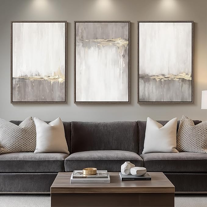 Large Framed Neutral Abstract Wall Art for Living Room, 3 Piece Gray Tan White Gold Canvas Prints, Modern Minimalist Grey Landscape Painting Artworks for Entryway Hallway Office Wall Decor, 24x36 In