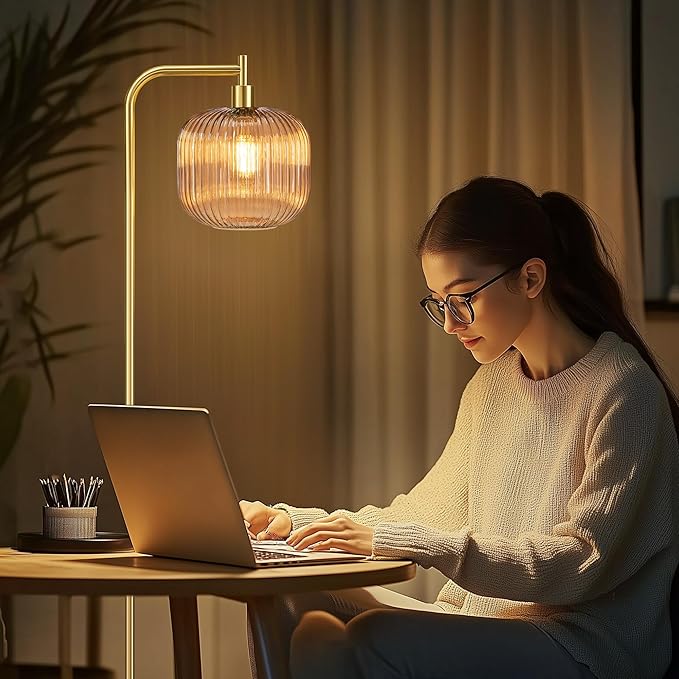 QiMH Glass Floor Lamp for Living Room, Modern Standing Lamp with Ribbed Champagne Glass Lampshade Pedal Switch, 67” Tall Lamp for Bedroom Study Room, Brushed Gold (2700K LED Bulb Included)