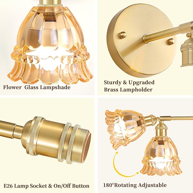 Vintage Battery Operated Wall Sconce with Flower lampshade,Rechargeable Battery Powered Wall Lights,Wall lamp with 15 Colors for Bedroom Living Room Home Decor (Lily Amber, 1 Light Battery Operated)