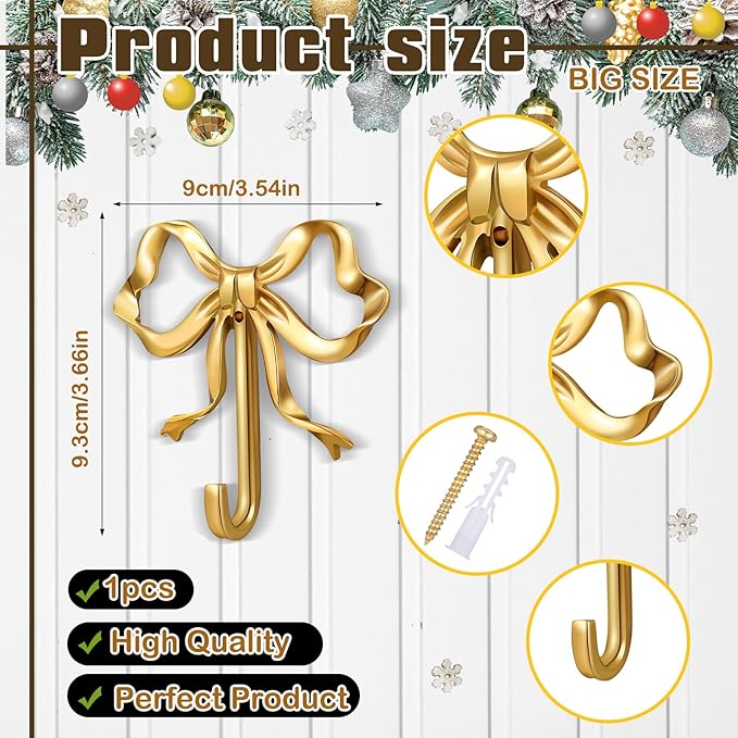 1 Pcs Coquette Gold Bow Knot Hooks Brass Bow Wall Door Hanger Towel Hooks Brass Coat Hanger Decorative Holder for Christmas Wedding Bathroom Living Room Kitchen Decor (L)