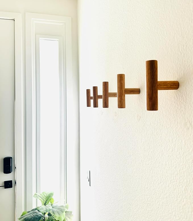 Wooden Coat Hooks, Decorative Wall Hooks for Bags, Hats, Coats, Purse, Heavy Duty, Sturdy, Natural Oak, Easy to Install, Holds Up to 7lbs - Pack of 5