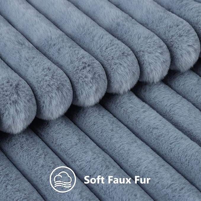 decorUhome Faux Fur Throw Pillow Covers 22x22 Set of 2, Decorative Soft Plush Striped Neutral Couch Euro Pillow Covers with Velvet Back for Sofa, Bed, Living Room Home Decor, Grey Blue