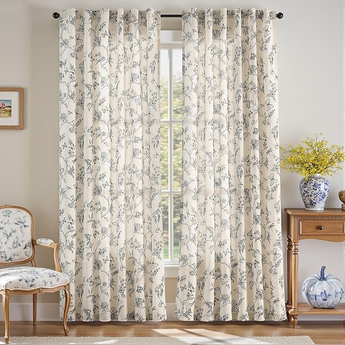 Lazzzy Blue Floral Curtains 84 Inch Length Linen Farmhouse Curtain Back Tab Drapes for Living Room Bedroom Light Filtering Vintage Rod Pocket Curtains, 2 Panels, Blue on Beige