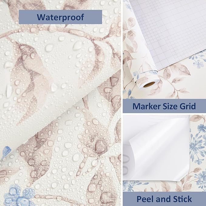 WESTICK Blue Leaf Wallpaper Vintage Peel and Stick Floral Contact Paper for Walls Neutral Floral Wallpaper Self Adhesive Removable Beige Leaf Wall Paper for Bedroom Living Room Cabinets 17.5"x100"