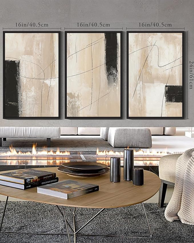 KUVIOKE Abstract Framed Wall Art Minimalist Beige Pastel Watercolor Neutral Wall Decor Modern Black Line Art Painting Home Decor 16x24in (Black Framed)