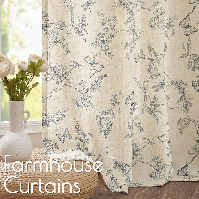 Lazzzy Blue Floral Linen Farmhouse Curtains 96 Inches Long Back Tab Drapes for Living Room Bedroom Light Filtering Country Vintage Rod Pocket Curtains,2 Panels, Blue on Beige