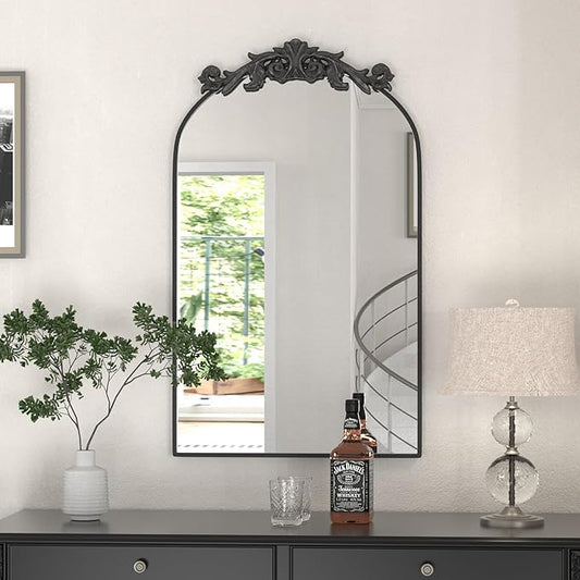 PAIHOME Arched Mirror, 19x30 Inch Antique Mirror Black Wall Decor Mirror Metal Frame Wall Mounted Mirror for Home Entryway Leaning