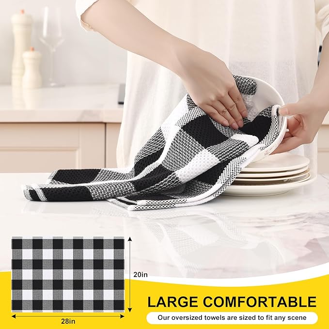 Homaxy 100% Cotton Waffle Weave Check Plaid Kitchen Towels, 20 x 28 Inches, Super Soft and Absorbent Dish Towels for Drying Dishes, 4-Pack, White & Black